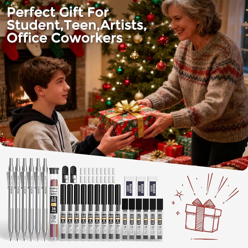 Nicpro 30PCS Silver Metal Mechanical Pencils Set in Leather Case, Art Drafting Pencil 0.5, 0.7, 0.9 mm, 2mm Lead Pencil Holder for Sketching Drawing With 16 Tube (6B 4B 2B HB 2H 4H Colors)Lead Refill - Image 4